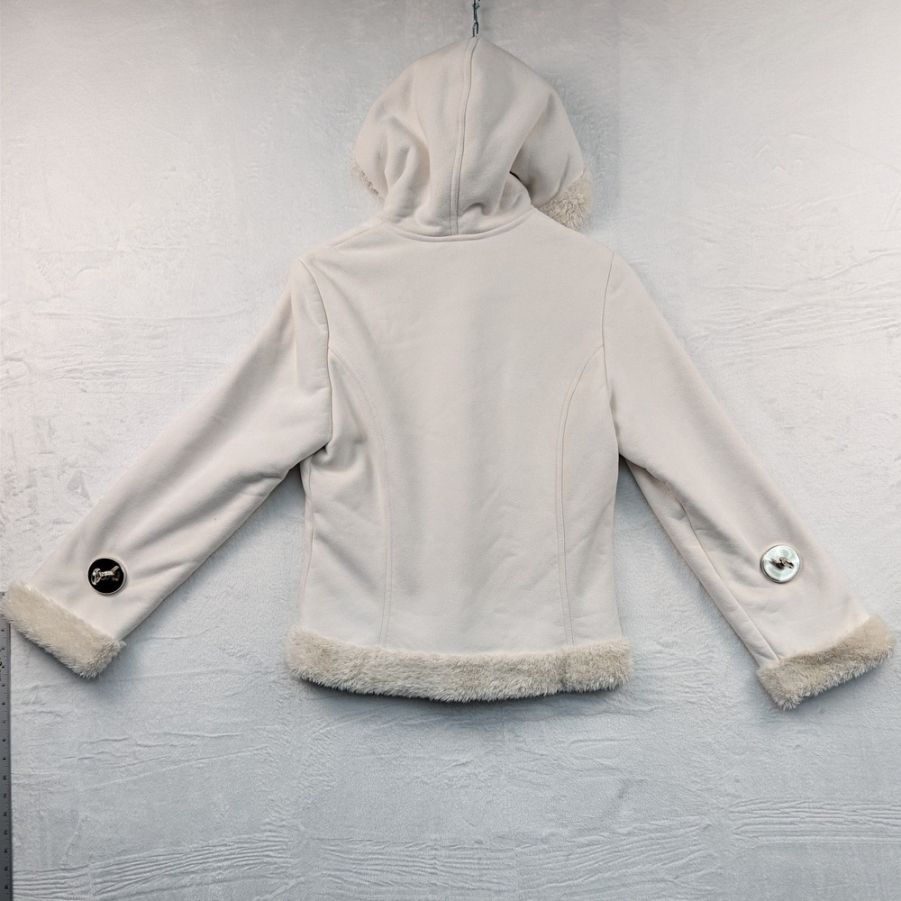 VTG Mudd Jacket Womens M Cream Faux Suede Fur Trim Hooded McBling Snow Bunny Y2K - Picture 9 of 14